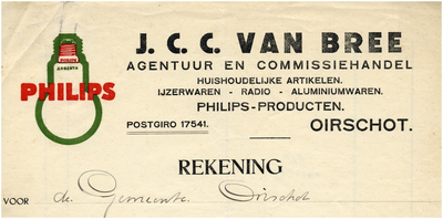 Een briefhoofd van de agentuur en commissiehandel van J.C.C. van Bree, voor huishoudelijke artikelen, ijzerwaren, radio's, aluminiumwaren en Philipsproducten