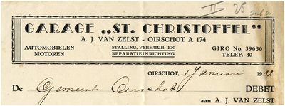 Een briefhoofd van garage St. Christoffel van A.J. van Zelst, voor stalling, verhuur- en reparatie-inrichting