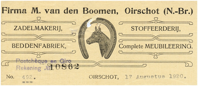 Een briefhoofd van de firma M. van den Boomen. De firma bestaat uit de volgende onderdelen een zadelmakerij, een stoffeerderij, een beddenfabriek en levering van complete meubileering