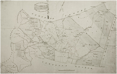 Reproductie van een kaart van de gemeente Bakel met daarop aangegeven op welke manier de gronden volgens de overeenkomst van 1 juni 1864 verdeeld worden tussende gerechtigde gemeenten Bakel, Helmond, Aarle-Rixtel en Beek en Donk.