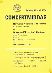 Concertmiddag van Harmonie Woensels Muziekcorps en Brassband Ëxcelsior Kloetinge in de aula van Technisch Lyceum Eindhoven