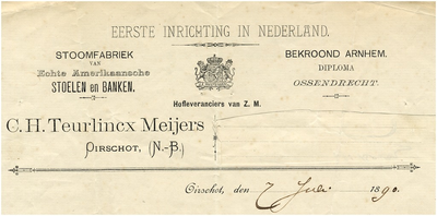 Oirschot Een briefhoofd van C.H. Teurlincx Meijers. Eerste inrichting in Nederland. Stoomfabriek van echte Amerikaansche stoelen en banken