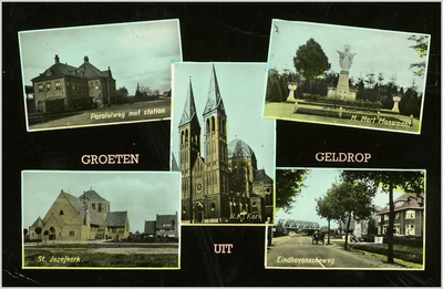 Collage van 5 foto's waarop: 1. Parelelweg met station 2. H. Hart Monument 3. St. Jozefkerk 4. RK Brigidakerk 5. Eindhovenscheweg