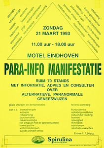 Para-info manifestatie over alternatieve, paranormale geneeswijzen in Motel Eindhoven, georganiseerd door Albert de Louw